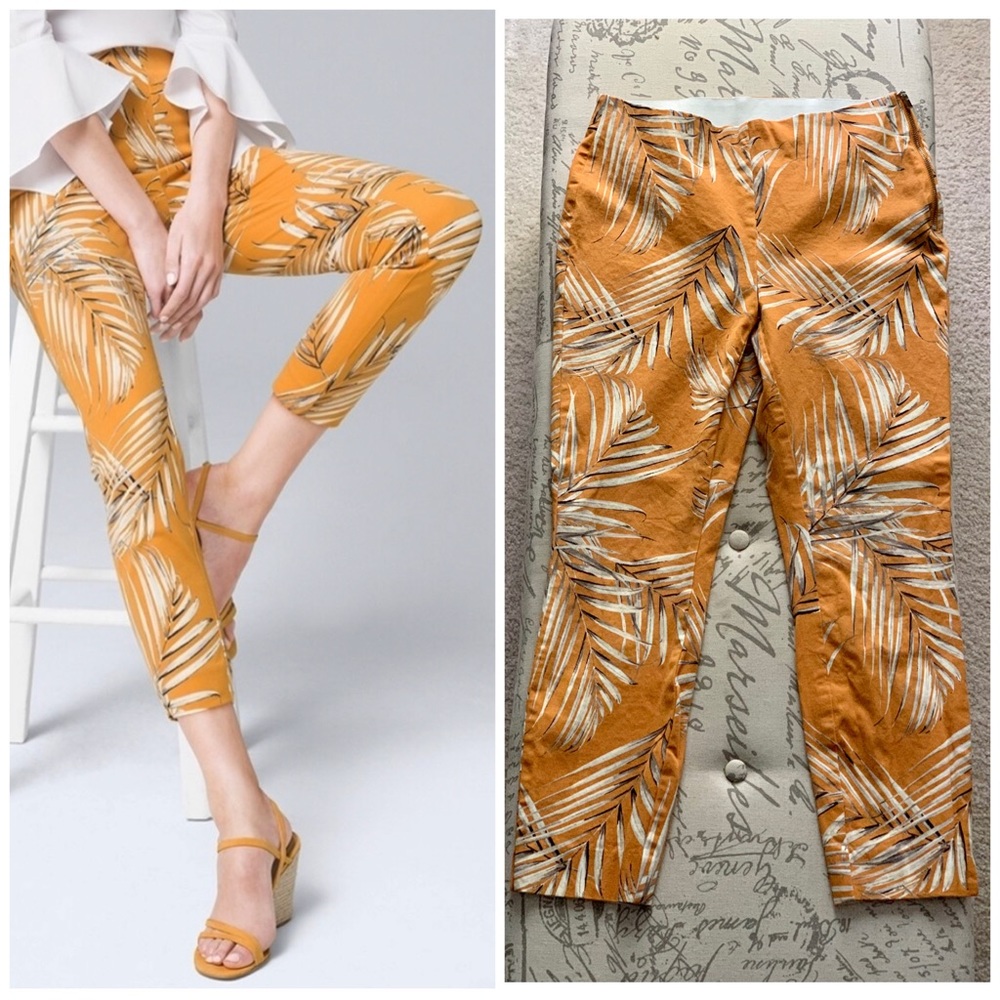 White House Black Market Mustard Palm Print Cropped Pants